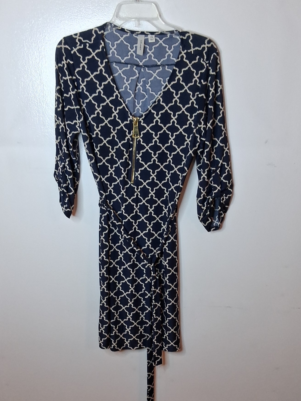 Tacera Women's S Navy and Cream Geometric Wrap Midi Dress with Gold Zip Accent